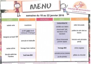 Menus du 18 au 22 Janvier 2016